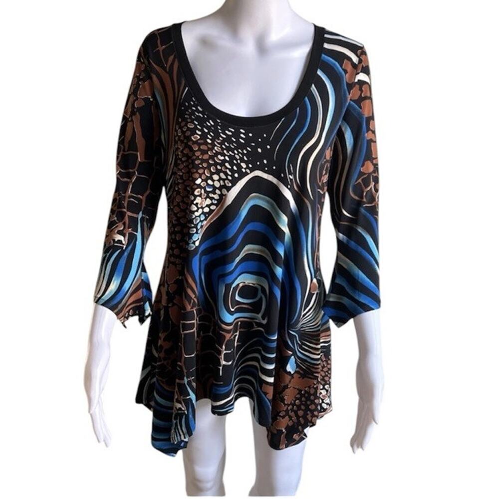 Eva Varro Women’s XL Abstract Tunic Top Stretch Asymmetric Hem 3/4 Sleeve Artsy
